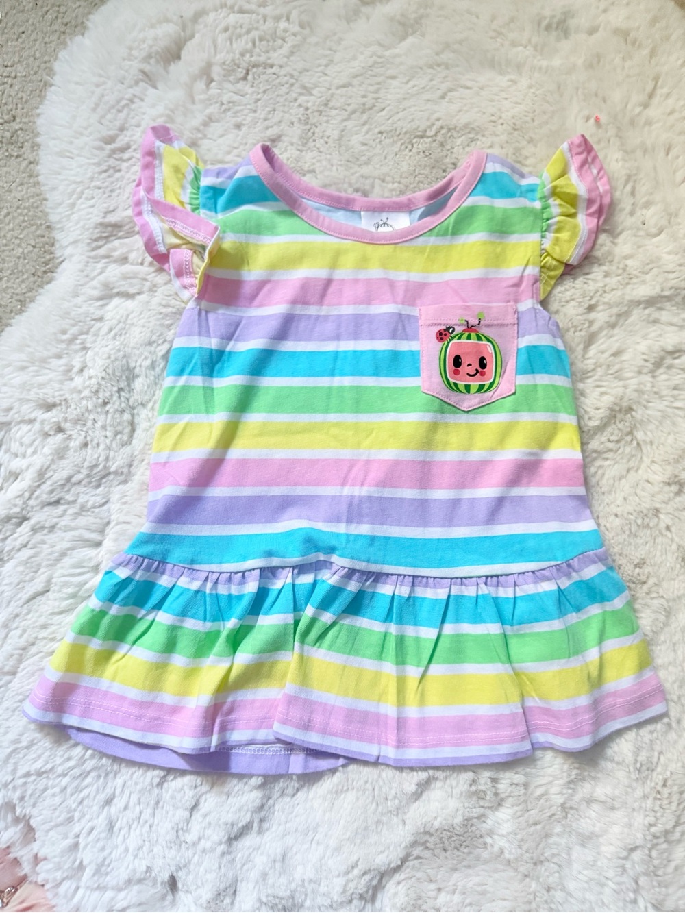 Girls Pastel Rainbow Stripe Ruffle Hem Tee with CoComelon Pocket